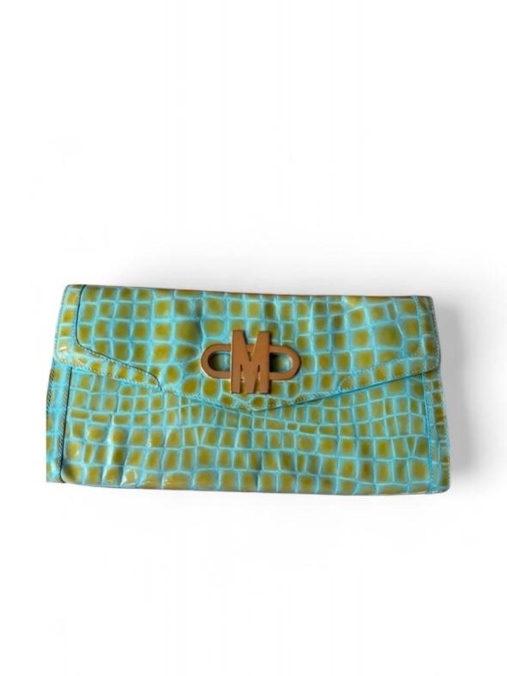 Moschino 2000s Vintage Turquoise  Green Croc Embossed Patent Leather Clutch Bag